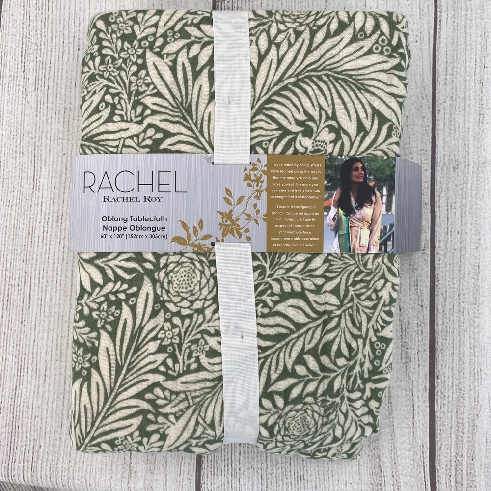 Rachel Rachel Roy Tablecloth 60x120 Green Cream Botanical Floral Cotton Oblong